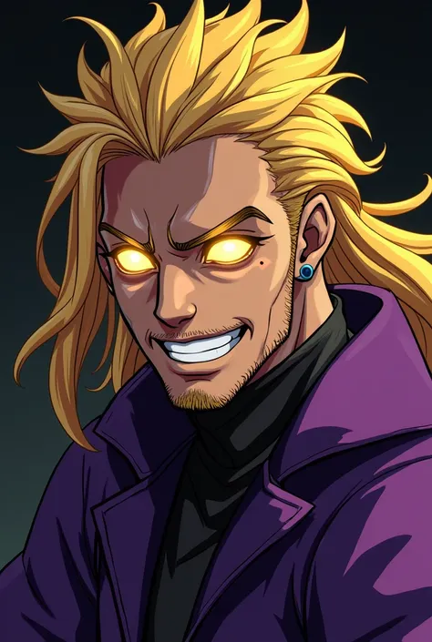  zoom framing just one face of a Mexican man with glowing golden eyes , no beard,  blonde hair, Long, voluminous hair and purple clothes, He's smiling with his teeth confidently just like All Might, I want the image without lighting , black and white manga...