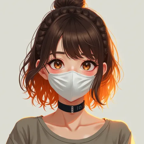 A digital art of woman with hazel brown hair with orange ends and normal face mask.civilian clothes, black neck collar ,High Resolution, Masterpiece, Best Quality, 