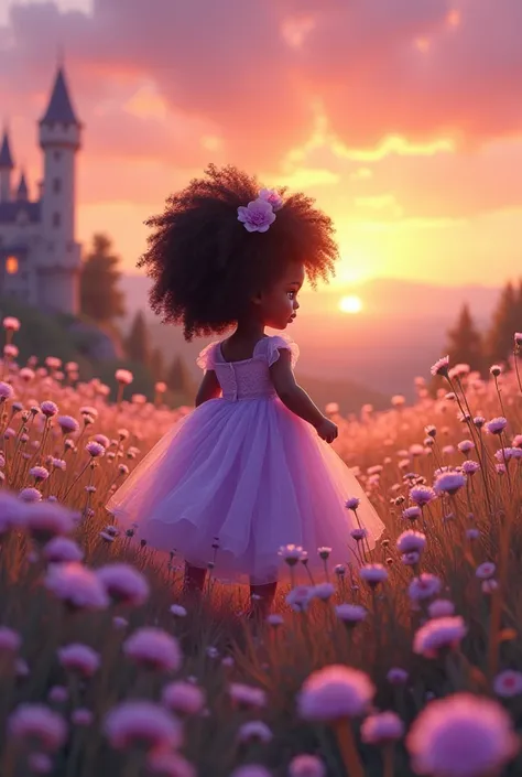 Imagine a baby black princess,  with curly hair , With lilac dress.  the sun setting on the horizon , with the castle in the distance ,  as she ventures through a beautiful flowery field .  image inside a frame for a rubber notebook cover 