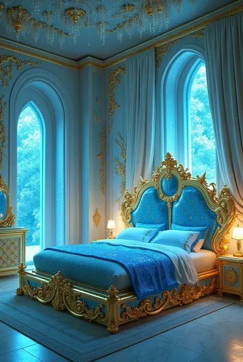 heavenly room with luxury bed made of a blue and green diamond, with a walls decorated with yellow diamond and precious stones, and magical windows and blue lights