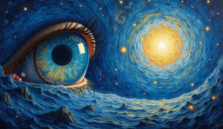  A Vincent van Gogh-style painting of a giant eye that seems to observe the Earth . Rays of energy in dynamic spirals emerge from the eye in shades of blue , gold and white,  while the space in the background is filled with moving stars and spiral galaxies...