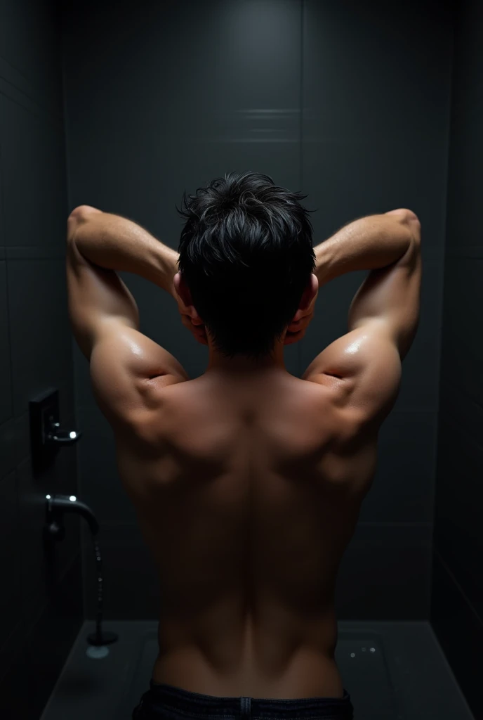 White man from behind,  black hair,medium strong body ,shirtless without shorts  , he is bathing touching his hair,  environment modern dark bathroom 