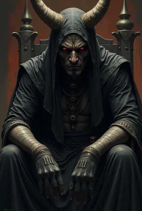 (On dark anubis Arm bandage, "VII" is written. The words are written in a Numeric-style font. Ultra-detailed face,Angry look, Looking away, Fantasy Illustration with Gothic. Dark tone colors. A viewpoint from the ground looking up at the throne and the kin...