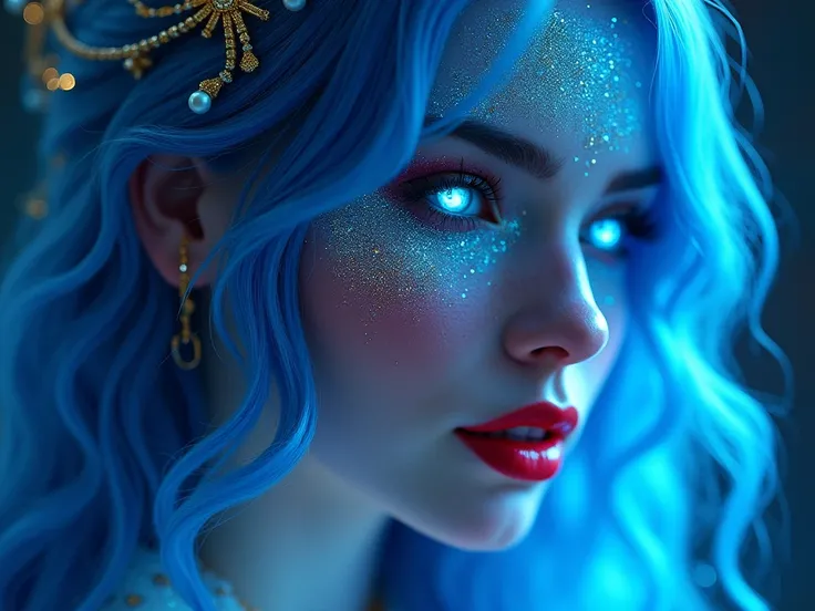 (( best quality )), (( masterpiece )), (detailed),   perfect face,  perfect body ,  elegant and luxurious,  sexy goddess , red full lips,   neon blue eyes , 
neon blue wavy hair, mystical,  magical powers , Light, Glitter, shine, , gold jewelry ,  realisti...