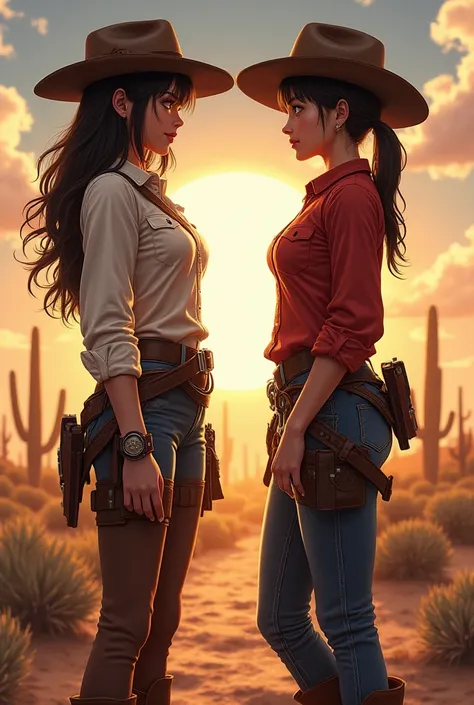 Faça uma imagem de duas cowboys mulheres, no estilo red dead redemption e no estilo anime, uma inspirada no Arthur Morgan e outra inspirada no John Marston