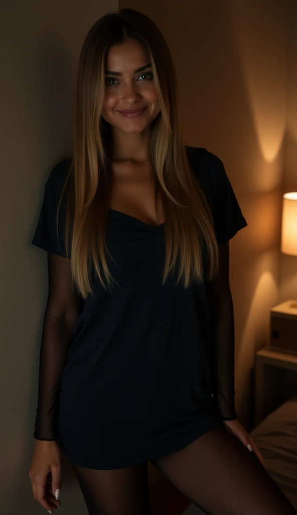 Smiling woman with long straight dark blonde hair,green detailed eyes, pink lips, in a short dark blue casual dress, black sheer stockings, beige velvet heels,leans on a wall in the bedroom, showing her long legs, in the night, masterpiece,studio lighting,...