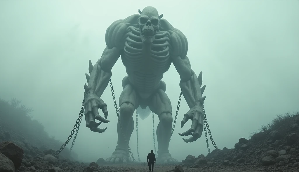 Monster with a body in the shape of bones and exposed muscles 1000 meters high, trapped with chains in an apocalyptic scenario, , an environment with fog. . 120fps 4k image