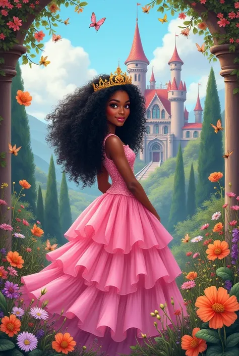 Borrucha ,  notebook cover with an image of a black princess inside a court (grams)  with curly hair ,  wearing a beautiful pink dress . She's in an enchanted garden,  surrounded by colorful flowers and butterflies , with a majestic castle in the backgroun...