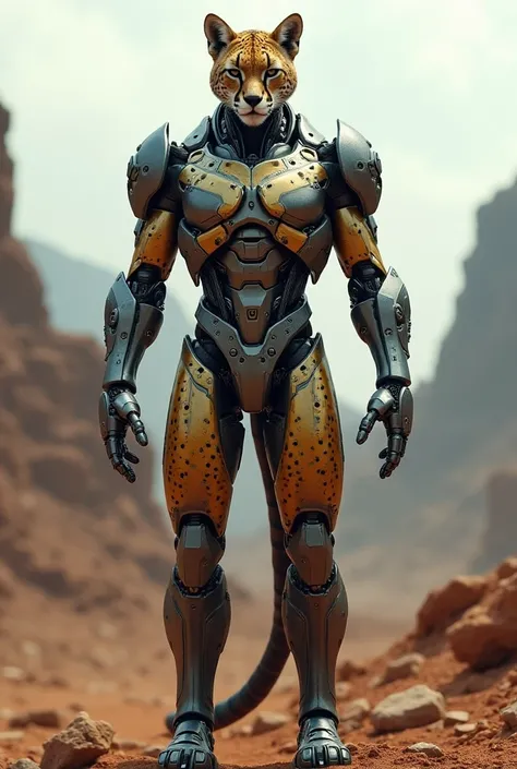 An ultra-realistic humanoid-shaped cheetah with robotic armor 