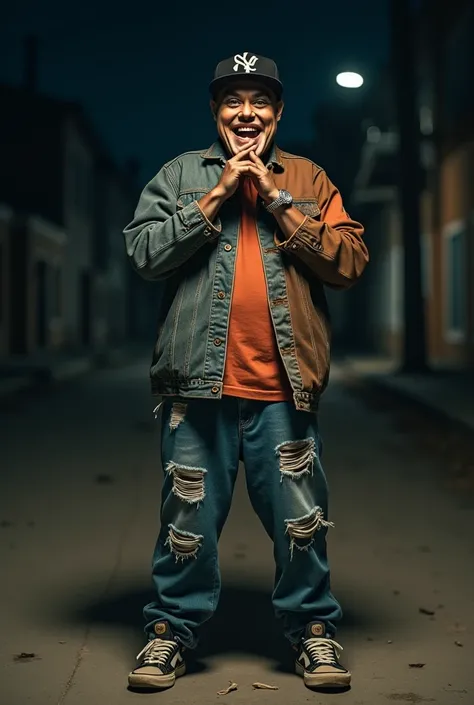 A full-body image of a man portrayed as a rapper standing in an urban nighttime setting. Half of his body is dressed in torn, old, and rugged hip-hop style clothing, representing struggle and poverty, while the other half is dressed in clean, new, and styl...