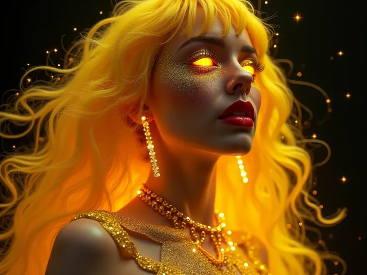 (( best quality )), (( masterpiece )), (detailed),   perfect face,  perfect body ,  elegant and luxurious, goddess, red full lips,  neon yellow eyes , 
  neon yellow wavy hair, mystical,  magical powers , Light, Glitter, shine, , gold jewelry ,  realistic ...