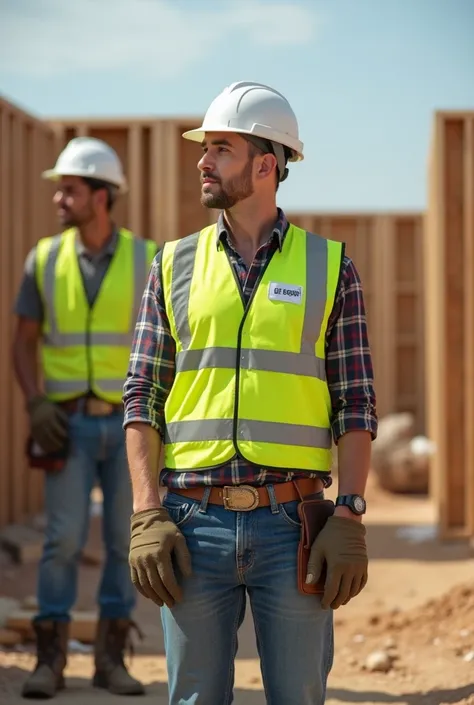 A white guy in jeans yellow safety vest and hard tie boots and a hard hat bossing around a bunch of Mexican workers building houses at a job site. Showing the Mexicans face and then having name tags on there chest with the main Mexicans name tag saying el ...