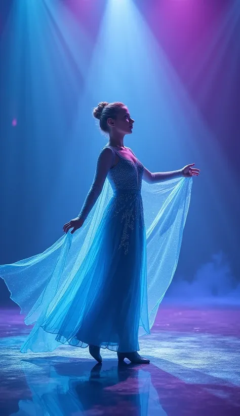 "A young woman dressed in a realistic Elsa-inspired outfit stands confidently in the center of a professional stage, performing an elegant dance. The background features vibrant blue and purple lighting, creating a magical and dynamic atmosphere. Her shimm...