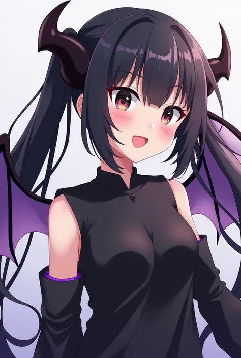 A girl with two very long twin tails. Her hair was black with a fade of purple at the the bottom of the bangs and twin tails. She wore a black sleeveless top that also does not attach to her shoulders, kind of hanging there with a purple accent at wand two...