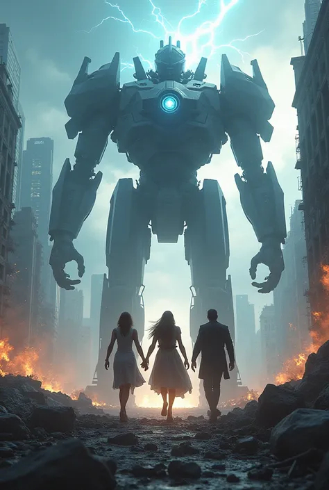  I want you to make 3 people posing in an epic , Or relaxed , with the destroyed city behind them and a giant robot in the city as if it were being summoned by the 3 characters 