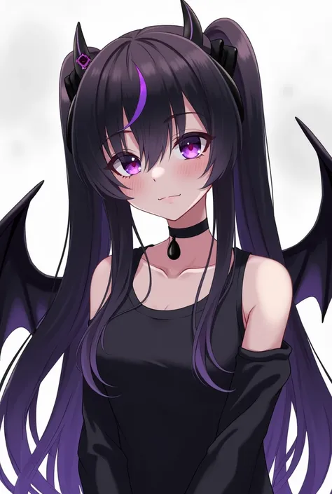 A girl with two very long twin tails. Her hair was black with a fade of purple athe the bottom of the bangs and twin tails. She wore a black sleeveless top and two slidable sleeves. She also had black wings with hints of purple in them. But her wings where...