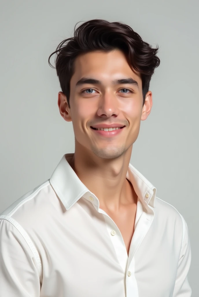  25-YEAR-OLD WHITE BOY ,  dark brown hair , SMILING BLUE EYES , elegant,  WEARING A TOTALLY WHITE SHIRT,  front and back 