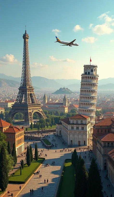  create the best 4k image of a trip to Europe Torre Efel, Roman Colosseum, madrid, Tower of Pisa , Istanbul,Cappadocia and only plane 