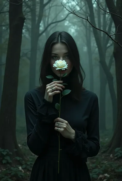 In a Dark Moody Forest a woman holds a white Rose in Front of her Face, eyes visible 