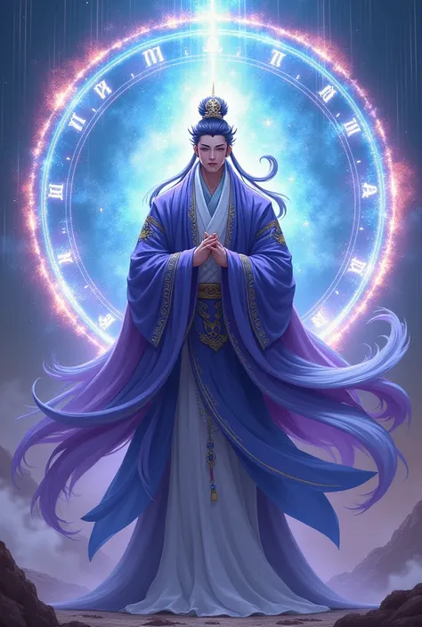 Chinese god of light in anime purple blue color big magic ring on he