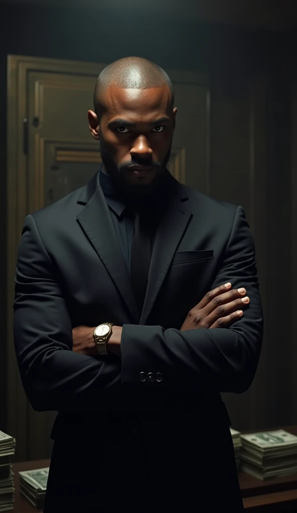 Depict a sharp, charismatic black man who has a buzz cut with an air of mystery, standing confidently in a dimly lit room. His piercing gaze and slight smirk convey intelligence and ambition. The background is shadowy, with faint hints of vaults and stacks...