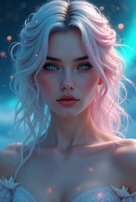  A beautiful woman with pastel colored hair and two-tone eyes , stylish, Serious look, deep, Clothes like Aurora Borealis and Stellar Scenery
Masterpiece , detail,  Textured skin , 