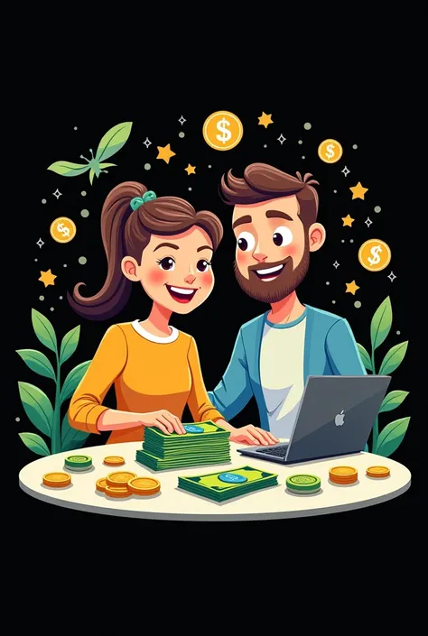 A couple earning money from a few sources cartoon picture on black background