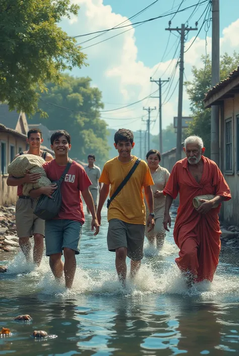 People helping each other during flooding