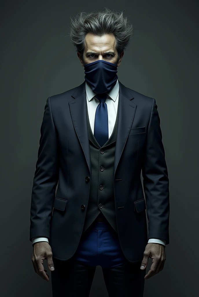 A man in all gray skin , he has a bandana on his face and you can't see the person's mouth ,he's wearing a suit and tie and with blue briefs and wolverine hair