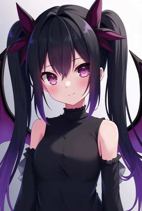 A girl with two very long twin tails. Her hair was black with a fade of purple athe the bottom of the bangs and twin tails. She wore a black sleeveless top and two slidable sleeves. She also had black wings with hints of purple in them. But her wings where...