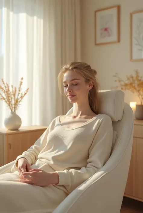 A blonde woman at a clinic undergoing therapy and enjoying it.