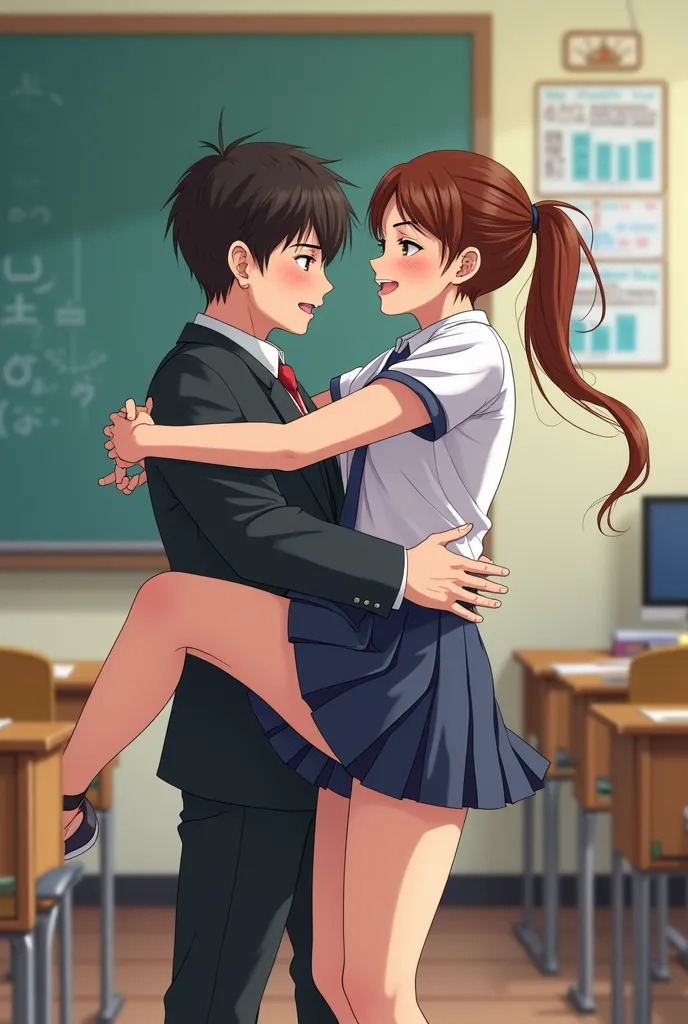 Please create a image of woman wear mini school uniform lift and carry handsome male teacher in her arm in the classroom . She rescue him in her lap 