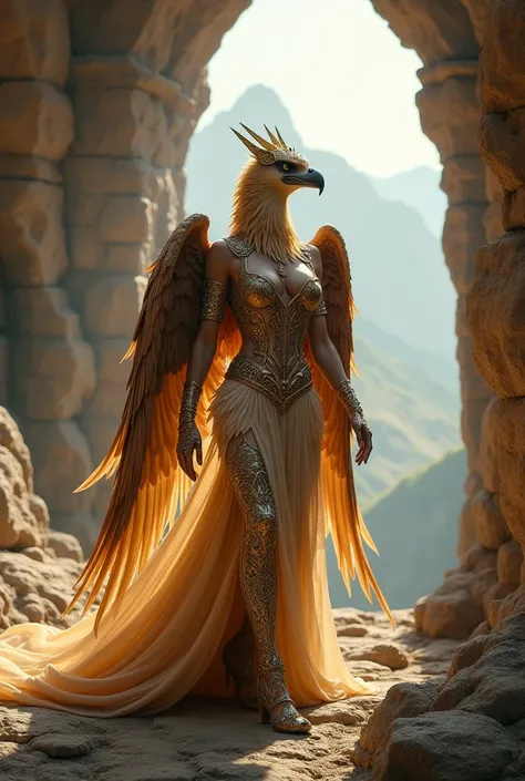 A majestic humanoid eagle queen walks confidently through an imposing rock castle situated at the heights of a mountain, radiating power and grace. Her feathers, in shades of gold and brown, shimmer under the soft light that enters through the rock opening...