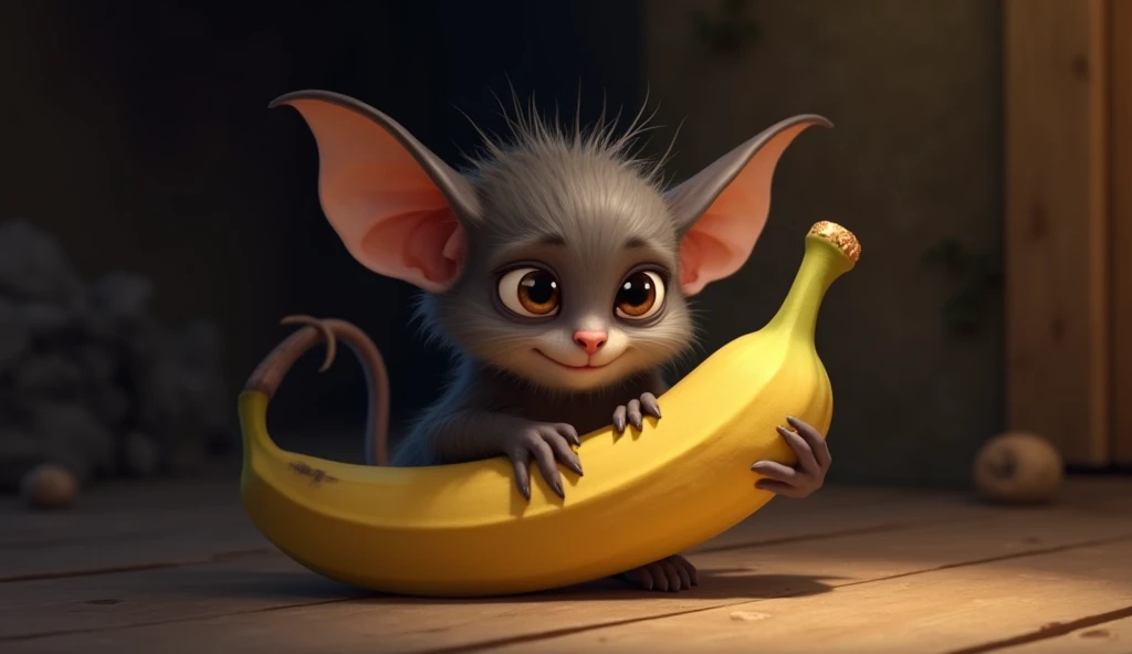  The bat stole a banana with its paws and hugs it, looking with cute eyes 