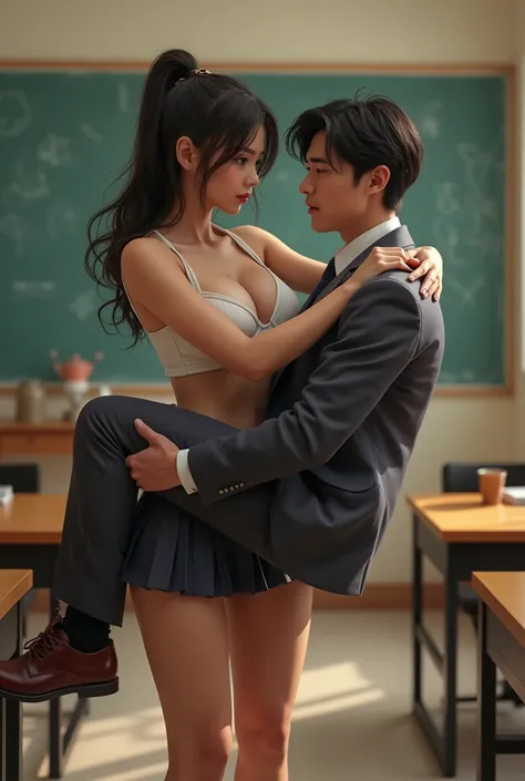 Please create a image of woman wear mini school uniform showing large cleavage lift and carry handsome male teacher in her arm in the classroom . She rescue him in her lap 