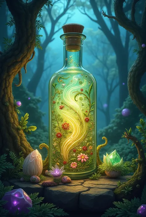 herbal potion , paint,  illustration ,  hyperrealistic,  intricate detail ,  ancient magic theme,  Ingredients , forest