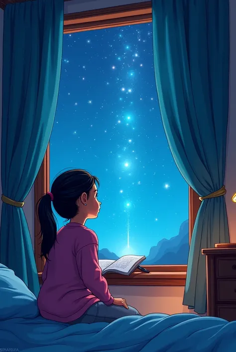 Apply a cartoon style for : Calculate está mirando las estrellas desde su ventana.  A bright light appears in her room .
Lumo : hello, Calculate. I'm Lumo  ,  an explorer of the universe .  Do you want to accompany me ?
