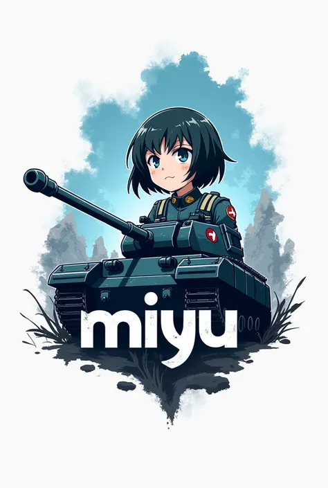 Logo group name "miyu" with tank and anime girl soldier colour dark cyan blue white