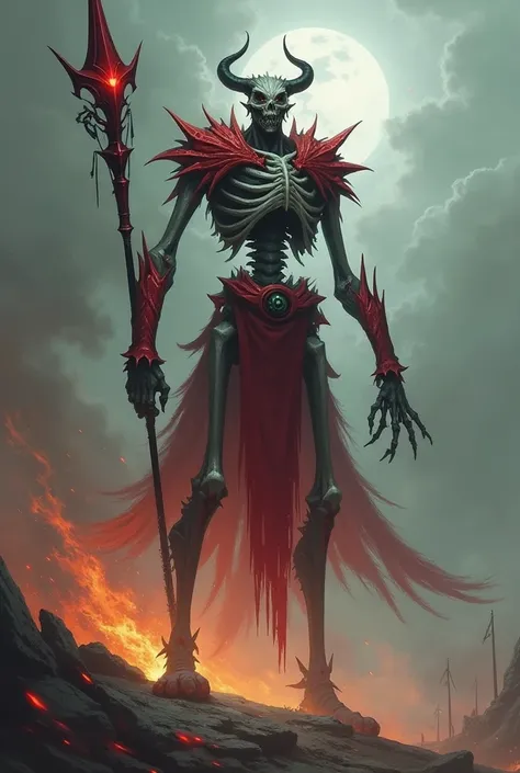 Giant tall skinny demon with parts of scarlet red armor , gray and bizarre skin with a scepter spear with the air of a general of chaos levitating 