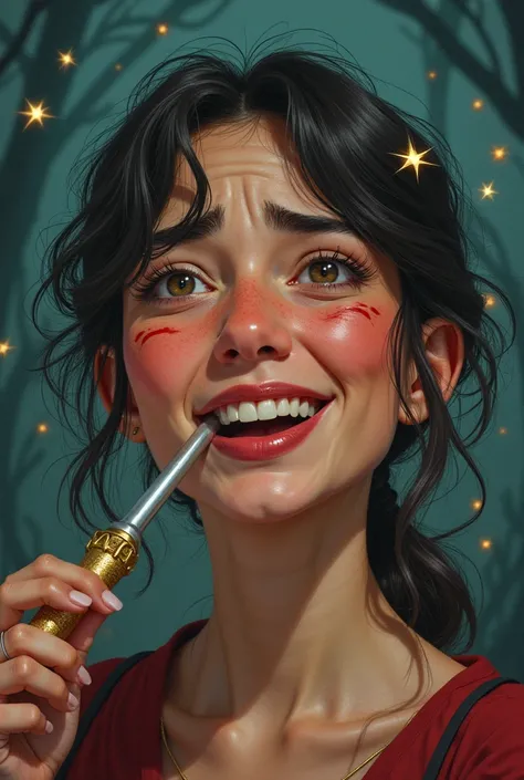 Generate a woman struggling to speak because of biting a magical metal wand glued between her teeth and smiling while biting the magical metal wand glued between her teeth 