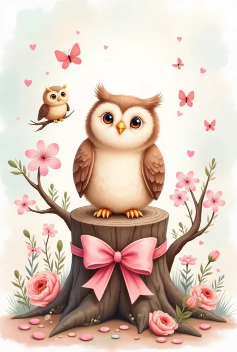 " A whimsical and charming illustration of a small happy owl perched a tree stump adorned with flowers of soft pink cherry and a large pastel bow.  The scene is surrounded by vibrant flowers ,  flowing butterflies and scattered heart-shaped petals ,  creat...