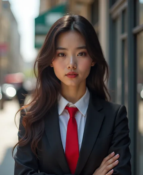 Araf Asian ,Age 25 years,tattoos on her arms, unreal 5. rpg portrait, Different postures,  outdoors in the city, bright sunshine, clear face looking straight, purposefully straight ,  men wearing expensive business suits, Bright red tie , Dress neatly, Dar...