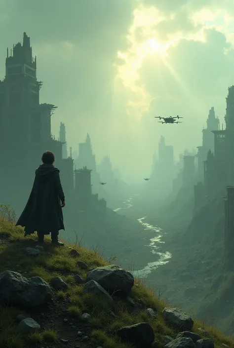 "A desolate, post-apocalyptic landscape with crumbling buildings overtaken by nature. Kael stands atop a hill, gazing at the ruins of a once-great city. The sky is overcast, with beams of sunlight breaking through the clouds, symbolizing hope amidst destru...