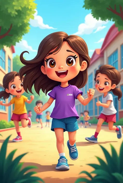 Little cartoon girl,  brown eyes,  loose brown hair, purple and blue clothing  , s, At school with the most ren doing sports