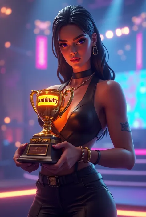 Skin féminin fortnite qui tien entre cest main un trophé avec ecrit "Luminaty"