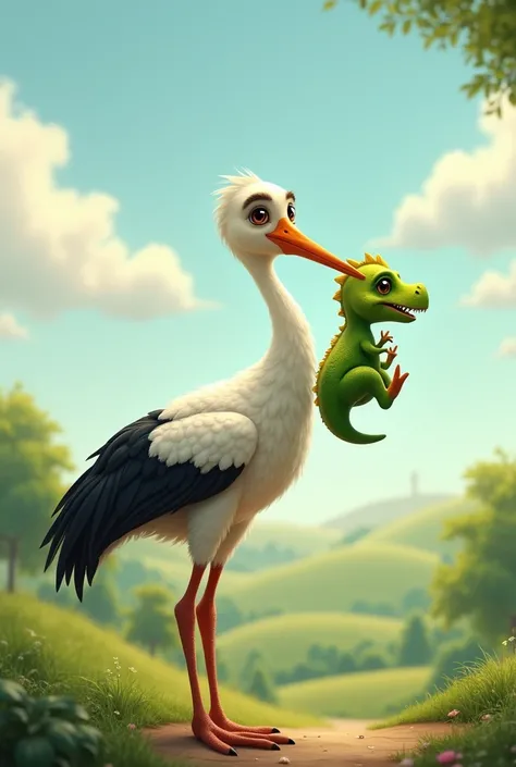 Image of a stork carrying a baby green dinosaur