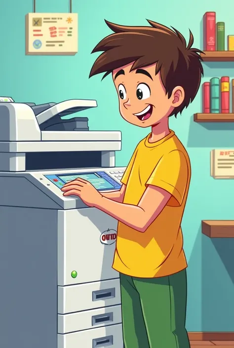  A BANNER WITH A cartoon boy wearing a yellow t-shirt and green pants is standing in front of a photocopier,  by pressing a button curiously .  logo in a corner of the , the text appears " of Rafa's Notebook "  with a fun and cartoonish style ,  accompanie...