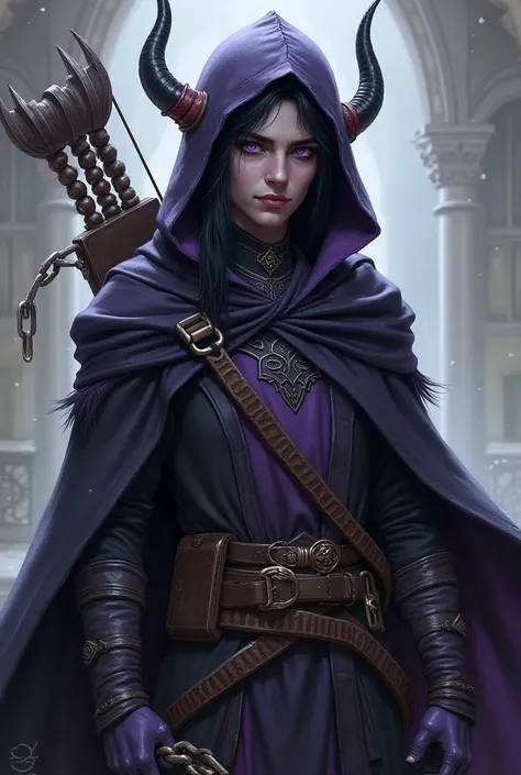 Create a character image from a dungeons and dragons game. The young, male champion is a tiefling (dark elf) with grayish-purple skin, black hair and lavender eyes. It has very short horns protruding from under its hood. He is a villain with a bow on his b...