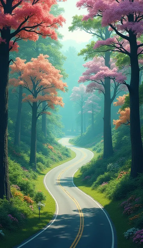  A road in the middle of the forest surrounded by trees full of beautiful flowers, with some cars passing by the road 