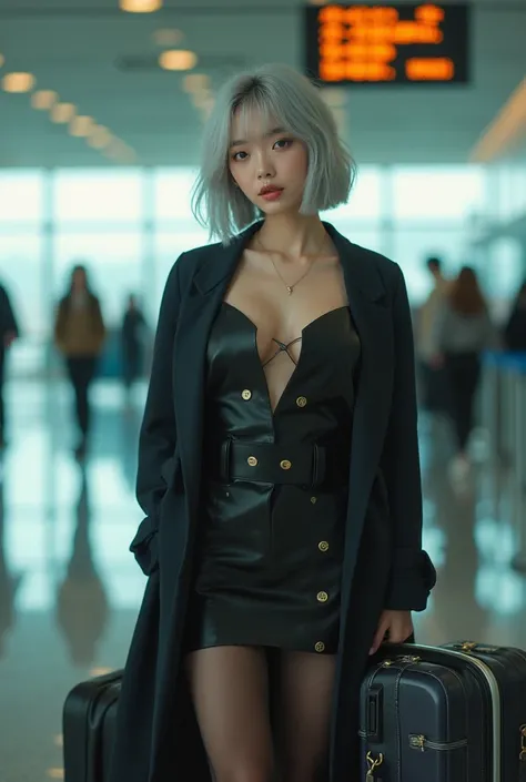  Japanese supermodel ,  blue-white skin, pretty face,  bob cut and perm on the ends, silver hair ,  Miyawaki Sakura face ,  full body shot,  Sexy Poses, ANA, career woman,airport,carrier case, sexy peeking big bust and thin gold necklace,Smiling, black sto...